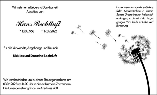 Traueranzeige von Hans Bechtluft von vrm-trauer Allgemeine  Zeitung Ingelheim-Bingen