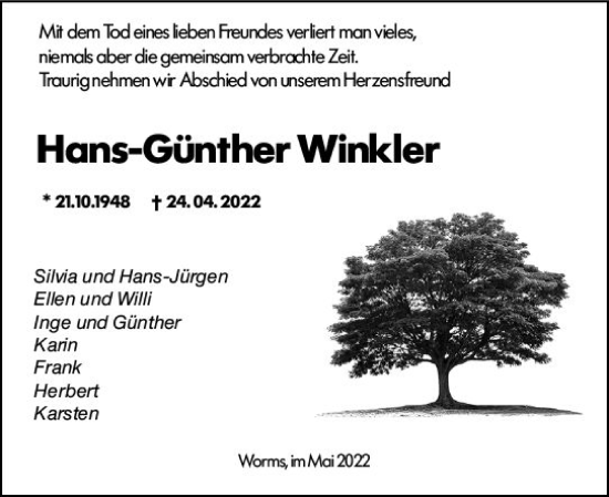 Traueranzeige von Hans-Günther Winkler von vrm-trauer Wormser Zeitung