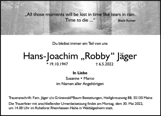 Traueranzeige von Hans-Joachim Jäger von vrm-trauer AZ Mainz