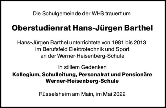 Traueranzeige von Hans-Jürgen Barthel von vrm-trauer Rüsselsheimer Echo / MainSpitze