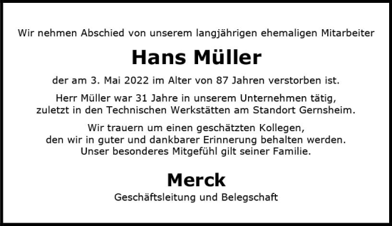 Traueranzeige von Hans Müller von vrm-trauer Groß-Gerauer Echo
