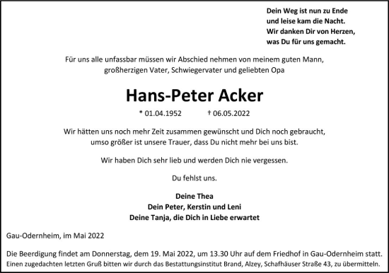 Traueranzeige von Hans-Peter Acker von vrm-trauer Allgemeine Zeitung Alzey