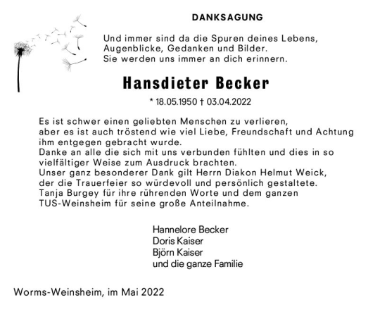 Traueranzeige von Hansdieter Becker von vrm-trauer Wormser Zeitung