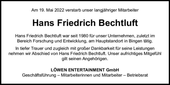 Traueranzeige von Hans Friedrich Bechtluft von vrm-trauer Allgemeine  Zeitung Ingelheim-Bingen