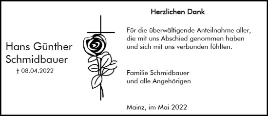 Traueranzeige von Hans Günther Schmidbauer von vrm-trauer AZ Mainz