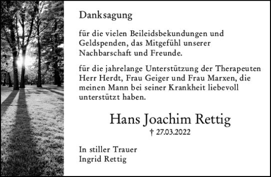 Traueranzeige von Hans Joachim Rettig von vrm-trauer AZ Mainz