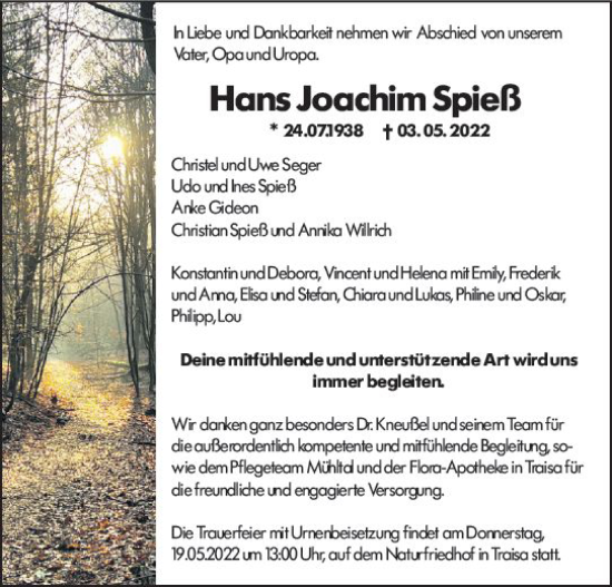 Traueranzeige von Hans Joachim Spieß von vrm-trauer Odenwälder Echo