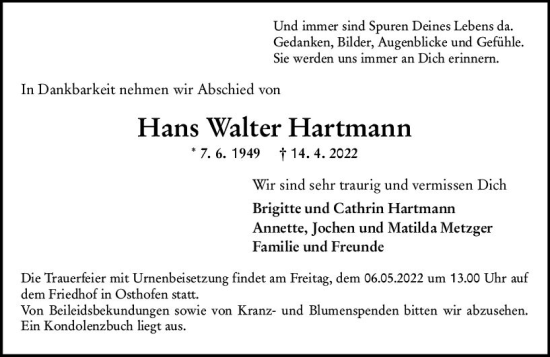 Traueranzeige von Hans Walter Hartmann von vrm-trauer Wormser Zeitung