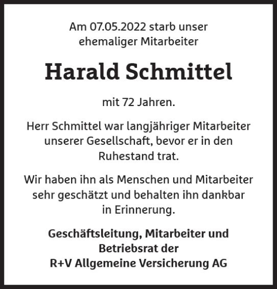 Traueranzeige von Harald Schmittel von vrm-trauer AZ Mainz