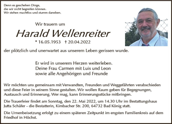 Traueranzeige von Harald Wellenreiter von vrm-trauer Odenwälder Echo