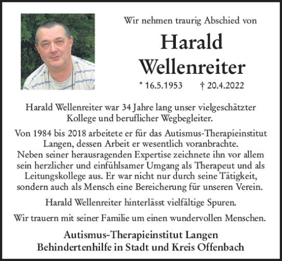 Traueranzeige von Harald Wellenreiter von vrm-trauer Odenwälder Echo
