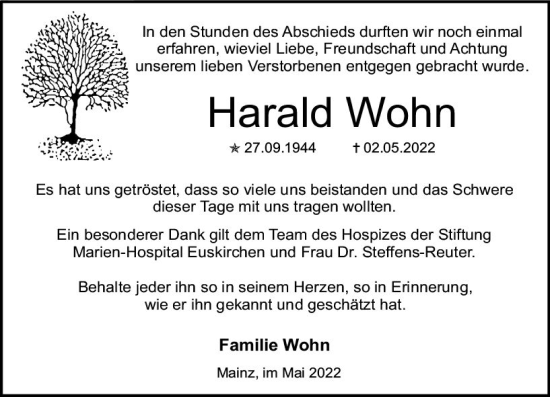 Traueranzeige von Harald Wohn von vrm-trauer AZ Mainz