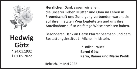 Traueranzeige von Hedwig Götz von vrm-trauer Idsteiner Zeitung
