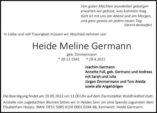 Traueranzeige von Heide Meline Germann von vrm-trauer Darmstädter Echo