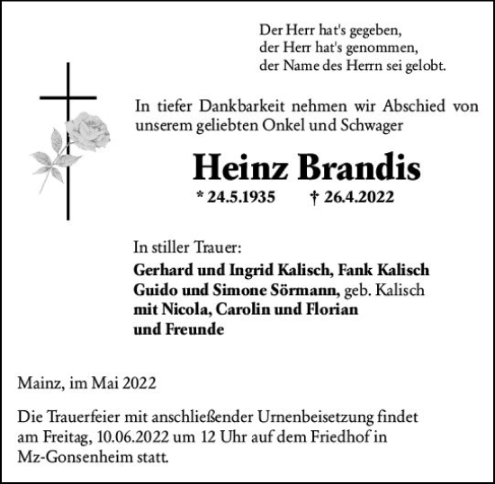 Traueranzeige von Heinz Brandis von vrm-trauer AZ Mainz