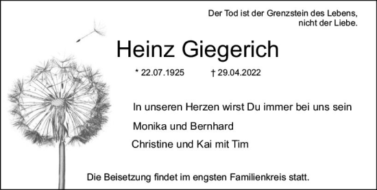 Traueranzeige von Heinz Giegerich von vrm-trauer Bürstädter/Lamperth. Ztg/Starkenburger