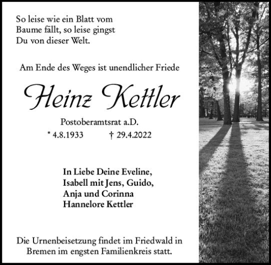Traueranzeige von Heinz Kettler von vrm-trauer Darmstädter Echo