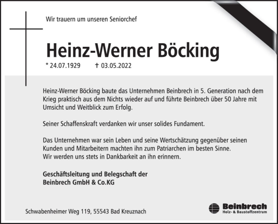 Traueranzeige von Heinz-Werner Böcking von vrm-trauer Allg. Zeitung Bad Kreuznach