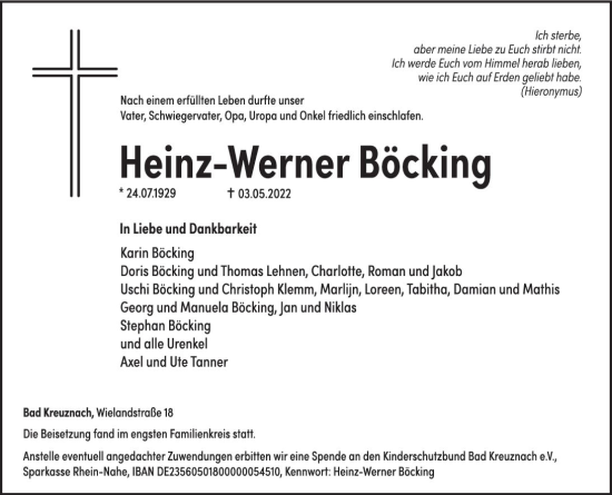 Traueranzeige von Heinz-Werner Böcking von vrm-trauer Allg. Zeitung Bad Kreuznach