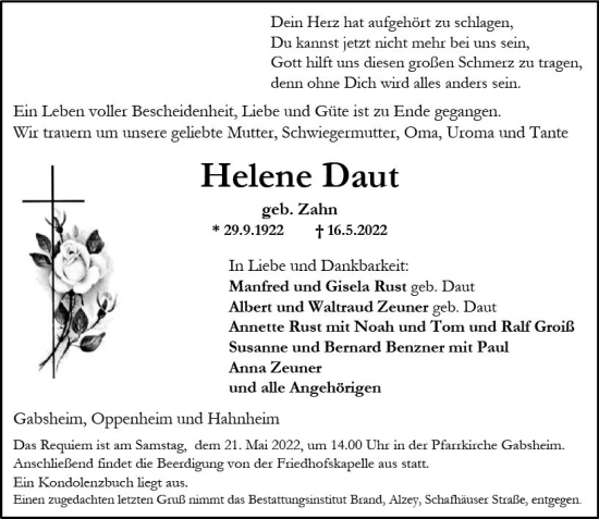 Traueranzeige von Helene Daut von vrm-trauer Allgemeine Zeitung Alzey