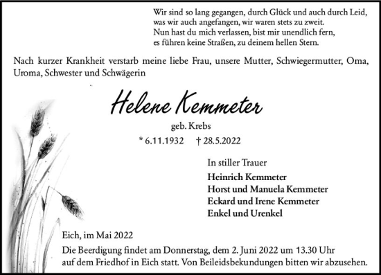 Traueranzeige von Helene Kemmeter von vrm-trauer Wormser Zeitung