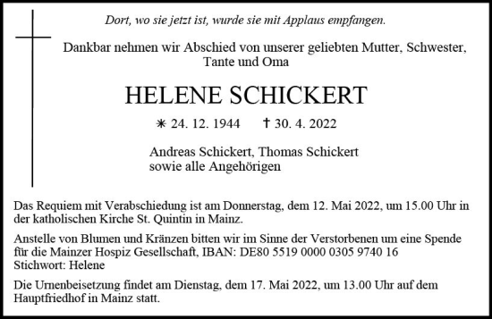 Traueranzeige von Helene Schickert von vrm-trauer AZ Mainz