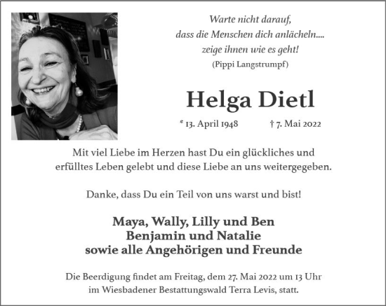 Traueranzeige von Helga Dietl von vrm-trauer Wiesbadener Kurier