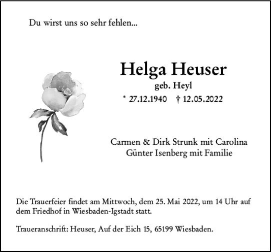 Traueranzeige von Helga Heuser von vrm-trauer Wiesbadener Kurier