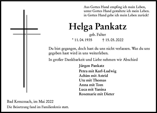 Traueranzeige von Helga Pankatz von vrm-trauer Allg. Zeitung Bad Kreuznach