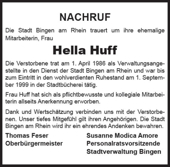 Traueranzeige von Hella Huff von vrm-trauer Allgemeine  Zeitung Ingelheim-Bingen