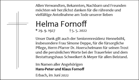 Traueranzeige von Helma Fornoff von vrm-trauer Odenwälder Echo