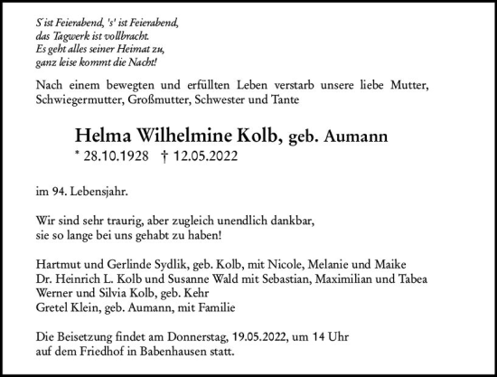 Traueranzeige von Helma Wilhelmine Kolb von vrm-trauer Darmstädter Echo
