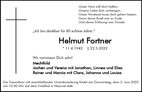 Traueranzeige von Helmut Fortner von vrm-trauer Wiesbadener Kurier