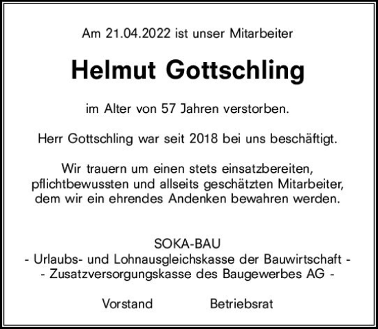 Traueranzeige von Helmut Gottschling von vrm-trauer Wiesbadener Kurier