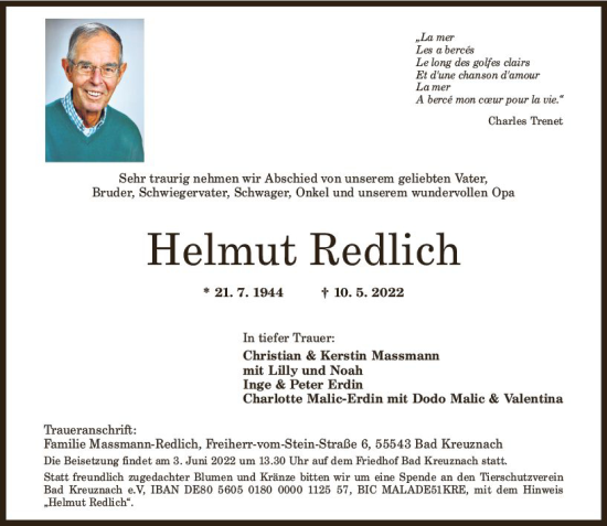 Traueranzeige von Helmut Redlich von vrm-trauer Allg. Zeitung Bad Kreuznach