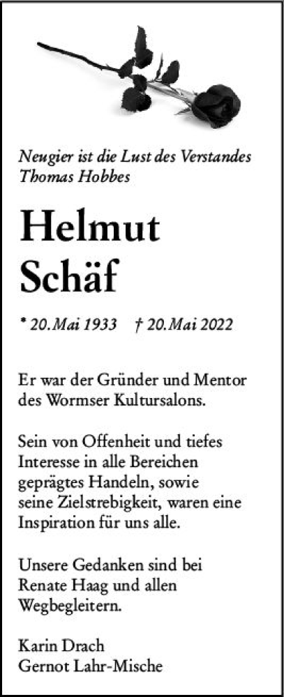 Traueranzeige von Helmut Schäf von vrm-trauer Wormser Zeitung