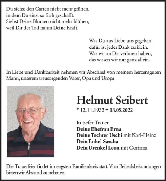 Traueranzeige von Helmut Seibert von vrm-trauer DieburgerAnzeiger/Groß-Zimmerner Lokala