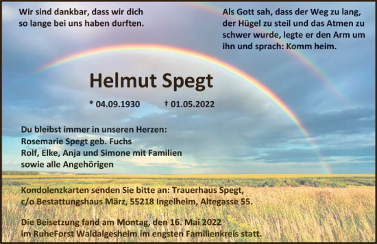 Traueranzeige von Helmut Spegt von vrm-trauer Allgemeine  Zeitung Ingelheim-Bingen