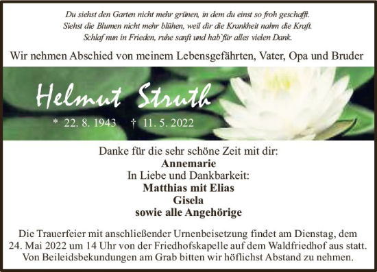 Traueranzeige von Helmut Struth von vrm-trauer Allgemeine  Zeitung Ingelheim-Bingen