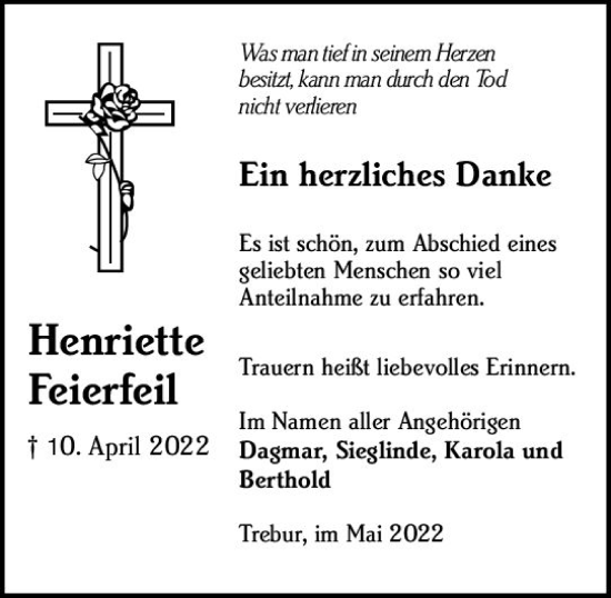 Traueranzeige von Henriette Feierfeil von vrm-trauer Rüsselsheimer Echo / MainSpitze