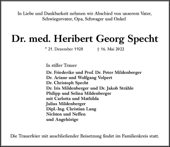 Traueranzeige von Heribert Georg Specht von vrm-trauer Wiesbadener Kurier