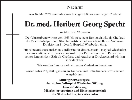 Traueranzeige von Heribert Georg Specht von vrm-trauer Wiesbadener Kurier