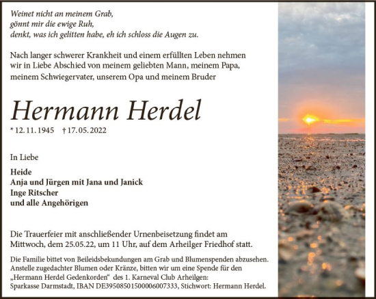 Traueranzeige von Hermann Herdel von vrm-trauer Darmstädter Echo