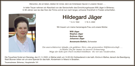 Traueranzeige von Hildegard Jäger von vrm-trauer Bürstädter/Lamperth. Ztg/Starkenburger