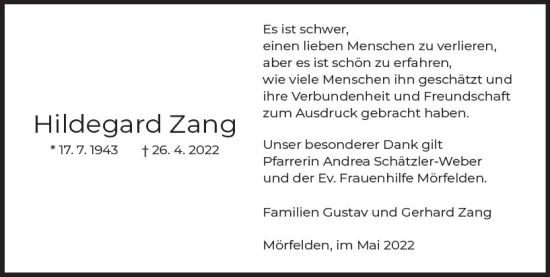 Traueranzeige von Hildegard Zang von vrm-trauer Groß-Gerauer Echo