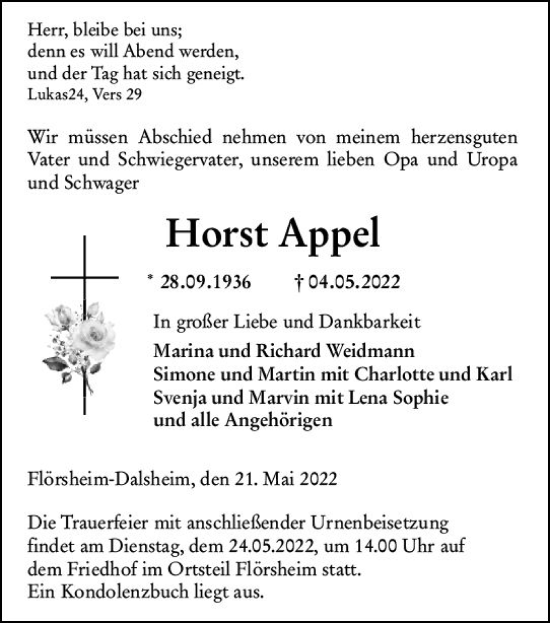 Traueranzeige von Horst Appel von vrm-trauer Wormser Zeitung