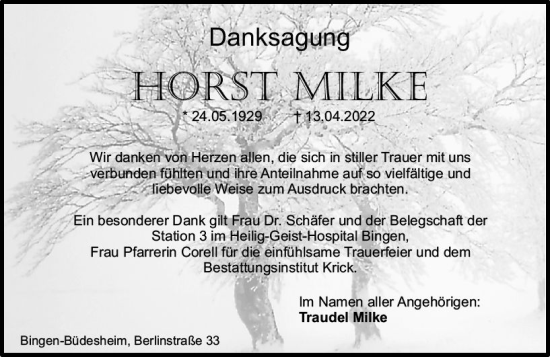 Traueranzeige von Horst Milke von vrm-trauer Allgemeine  Zeitung Ingelheim-Bingen