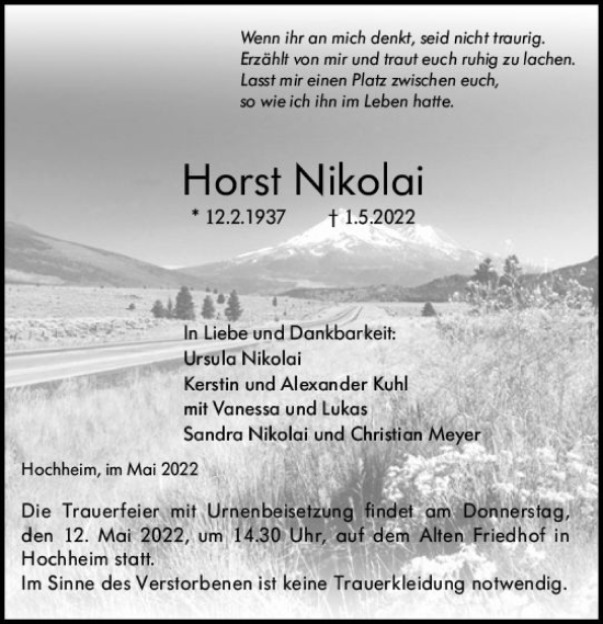 Traueranzeige von Horst Nikolai von vrm-trauer Hochheimer Zeitung