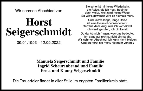 Traueranzeige von Horst Seigerschmidt von vrm-trauer Groß-Gerauer Echo