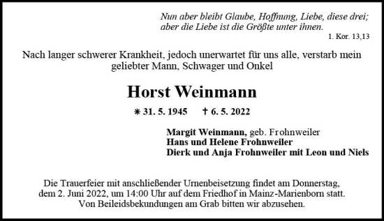 Traueranzeige von Horst Weinmann von vrm-trauer AZ Mainz